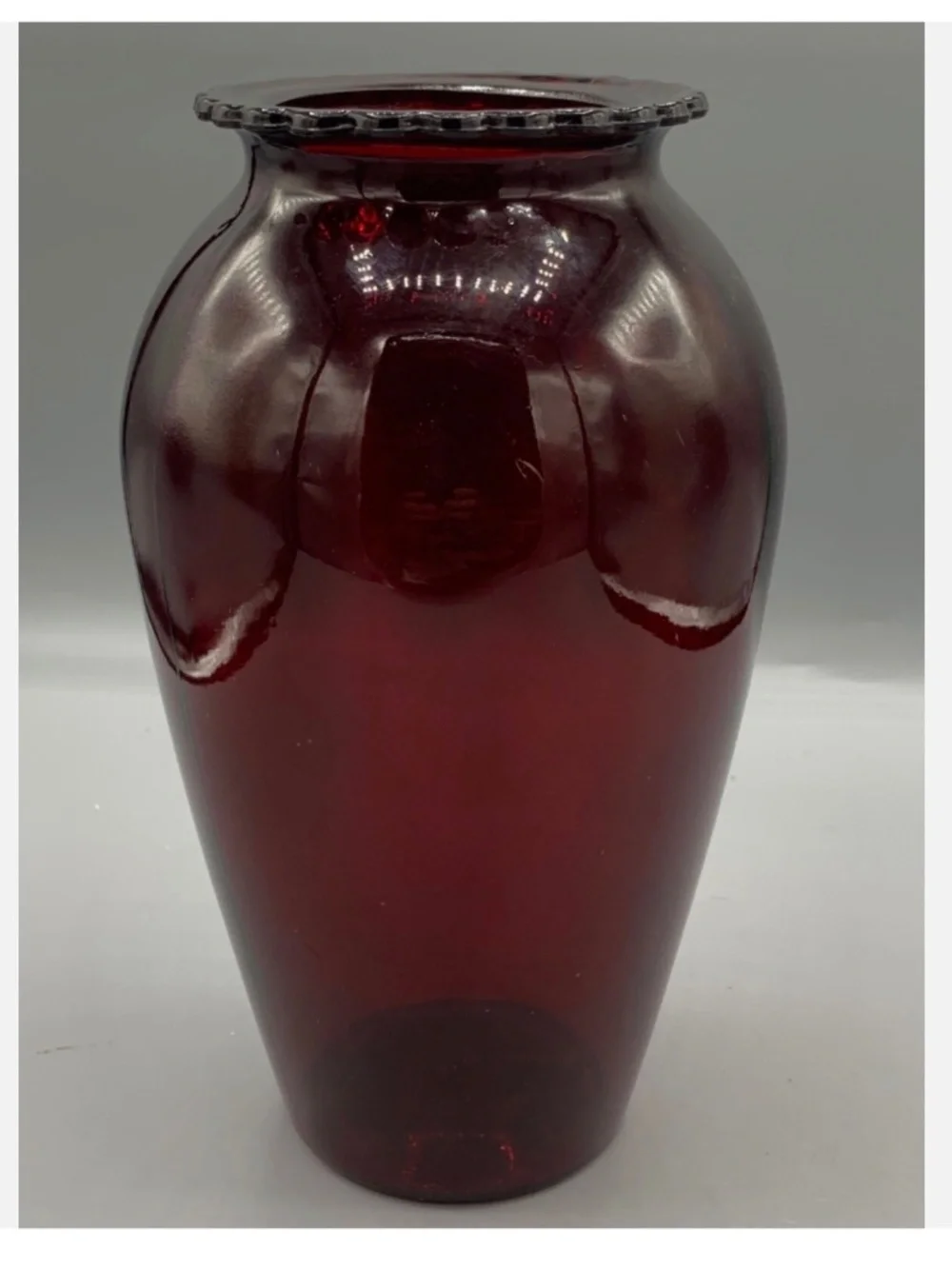 Vintage Anchor Hocking Glass Royal Ruby Red Vase Scalloped Top Edge 9